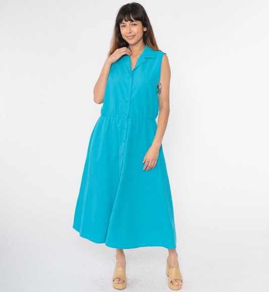 80s Turquoise Sleeveless Shirtdress Midi Button-Up High Waist Medium Large