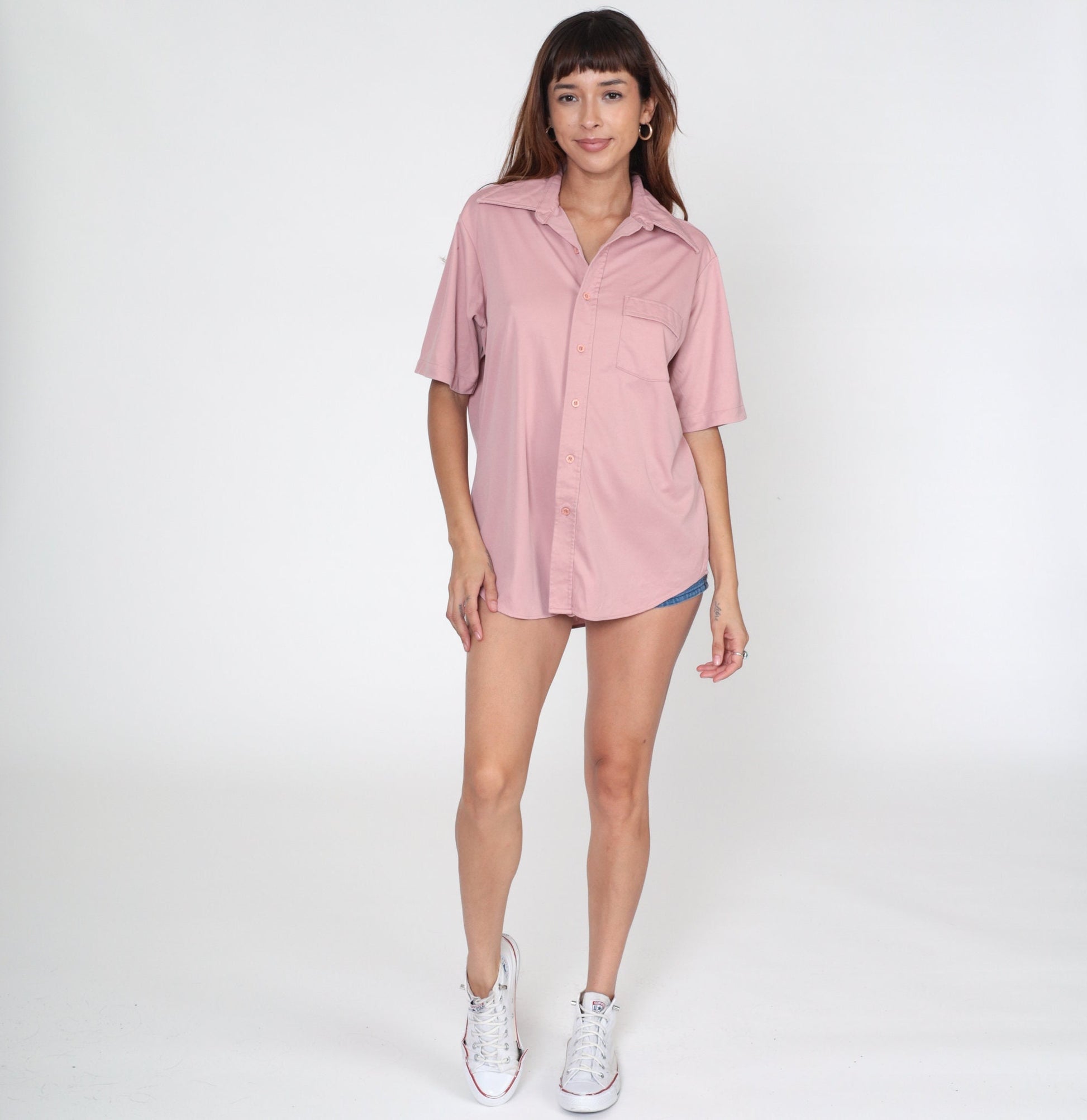 70s Dusty Pink Button-Up Shirt Dagger Collar Short Sleeve Men's Large