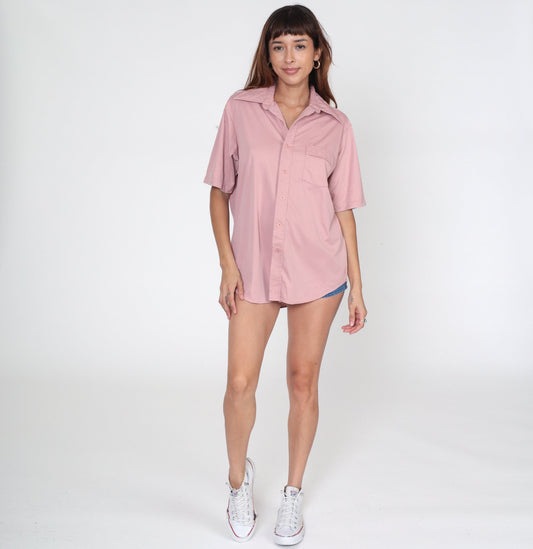 70s Dusty Pink Button-Up Shirt Dagger Collar Short Sleeve Men's Large