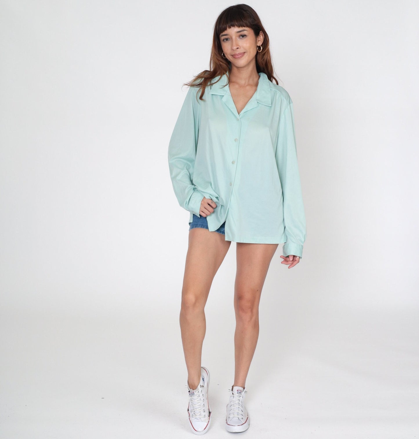 Y2K Mint Blue Button-Up Blouse Long Sleeve 00s Collared Plus Size XXL