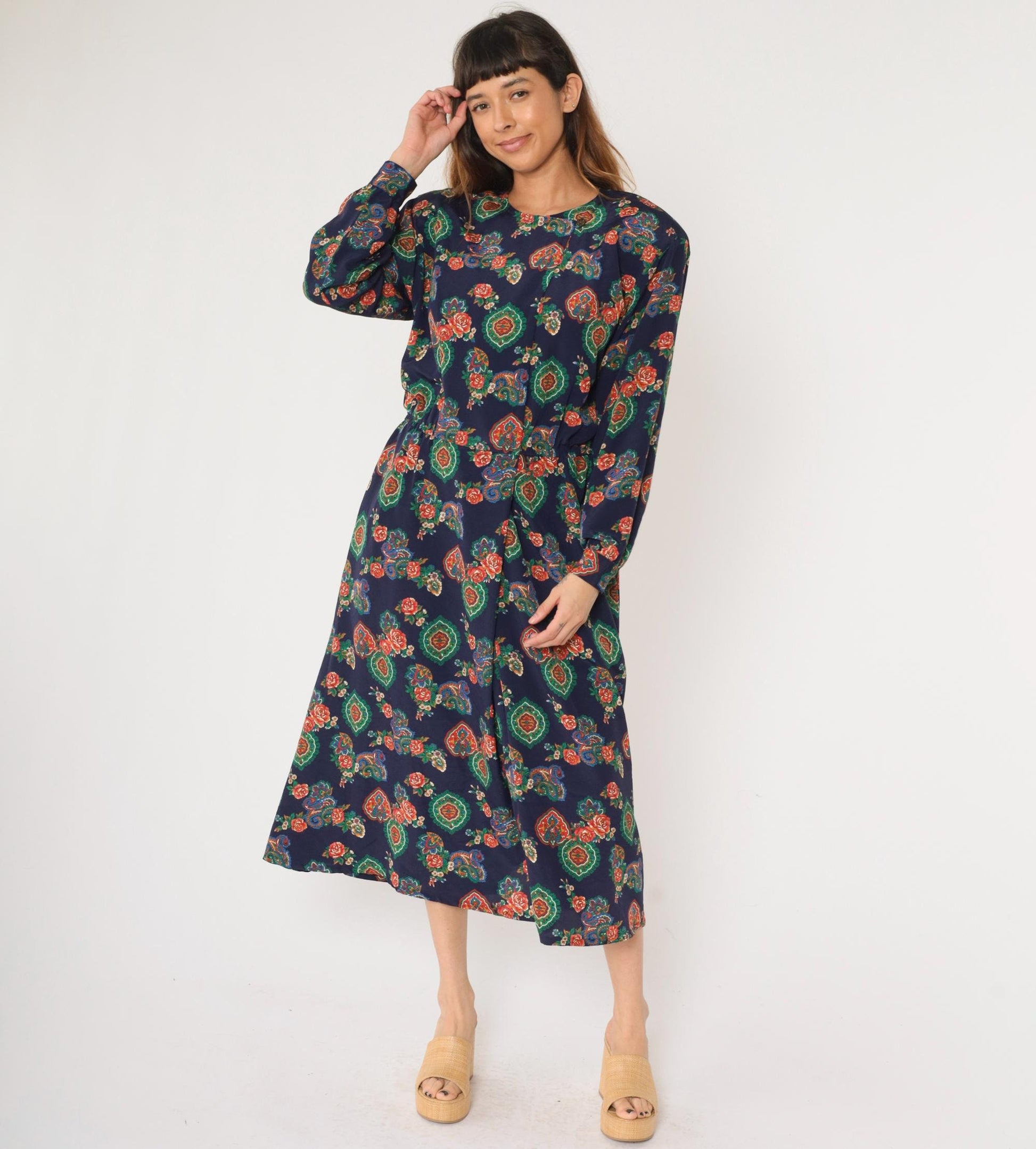 90s Liz Claiborne Paisley Floral Midi Dress Dark Blue High-Waisted Long Sleeve Large