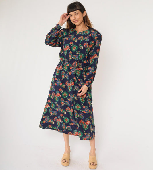 90s Liz Claiborne Paisley Floral Midi Dress Dark Blue High-Waisted Long Sleeve Large