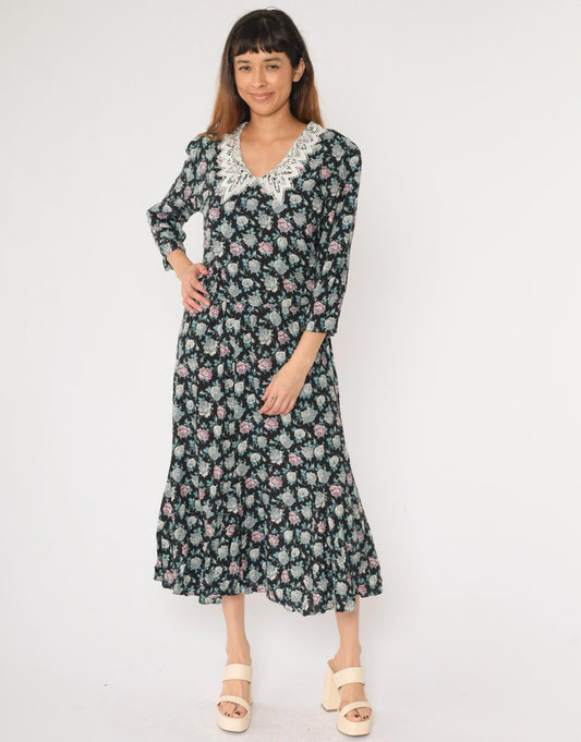 90s Starlo Fashions Floral Midi Dress Lace Collar Puff Sleeve Black Large