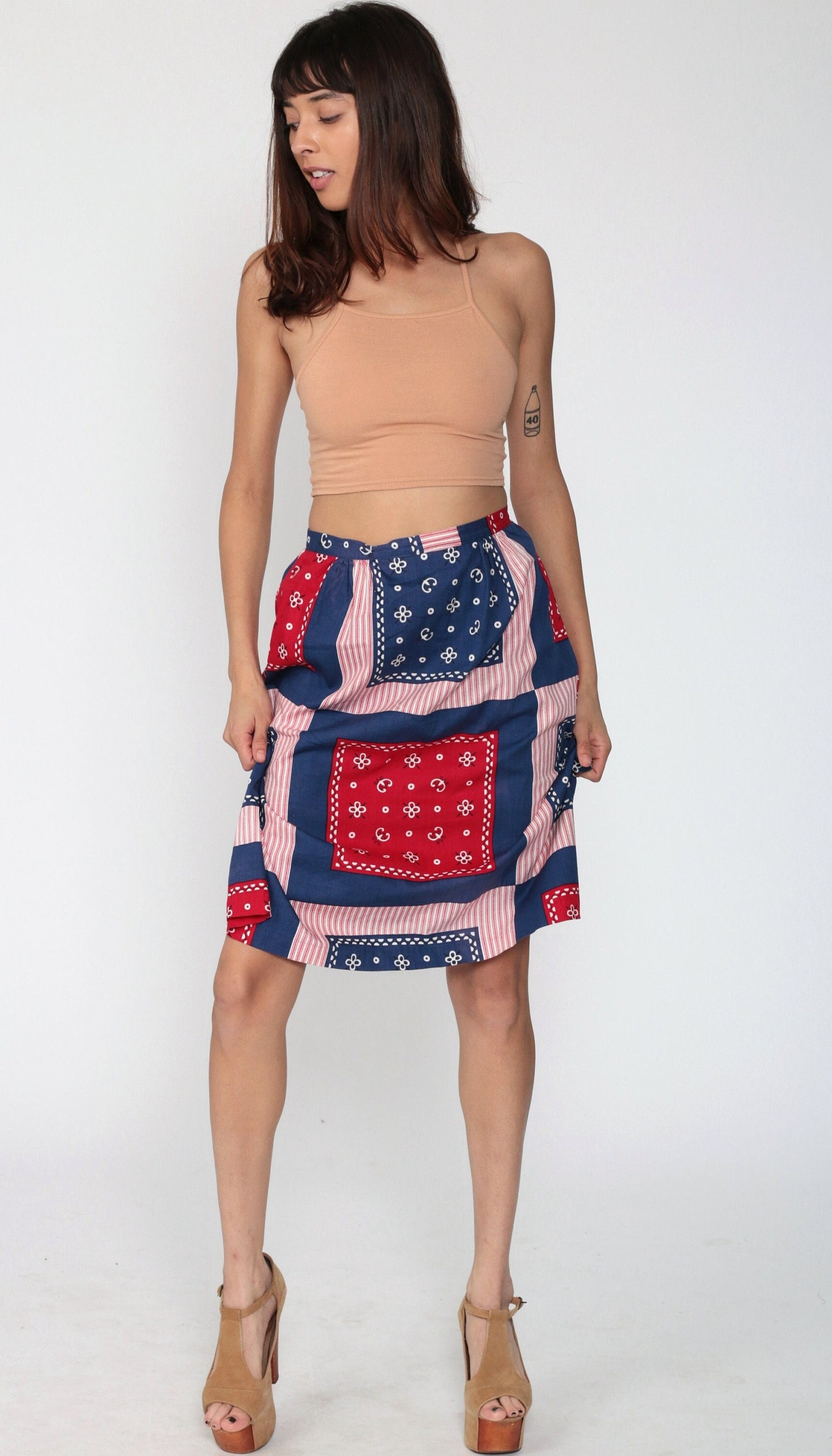 70s Scarf Print Midi Skirt High Waist Patchwork Red Blue Small