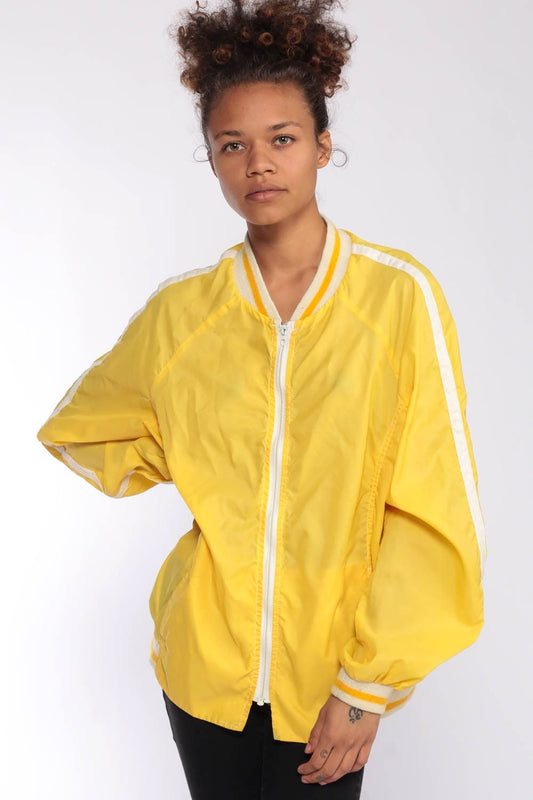 80s Yellow Nylon Windbreaker Jacket Striped Raglan Zip-Up Large