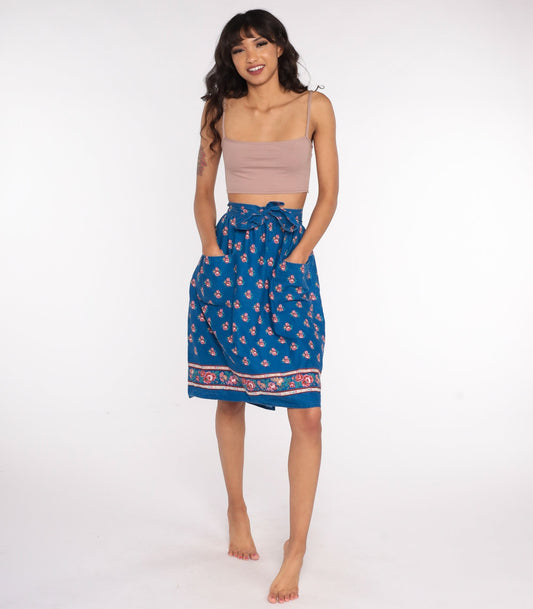 70s Floral Wrap Skirt Midi Blue Print Cotton High Waist Small Medium