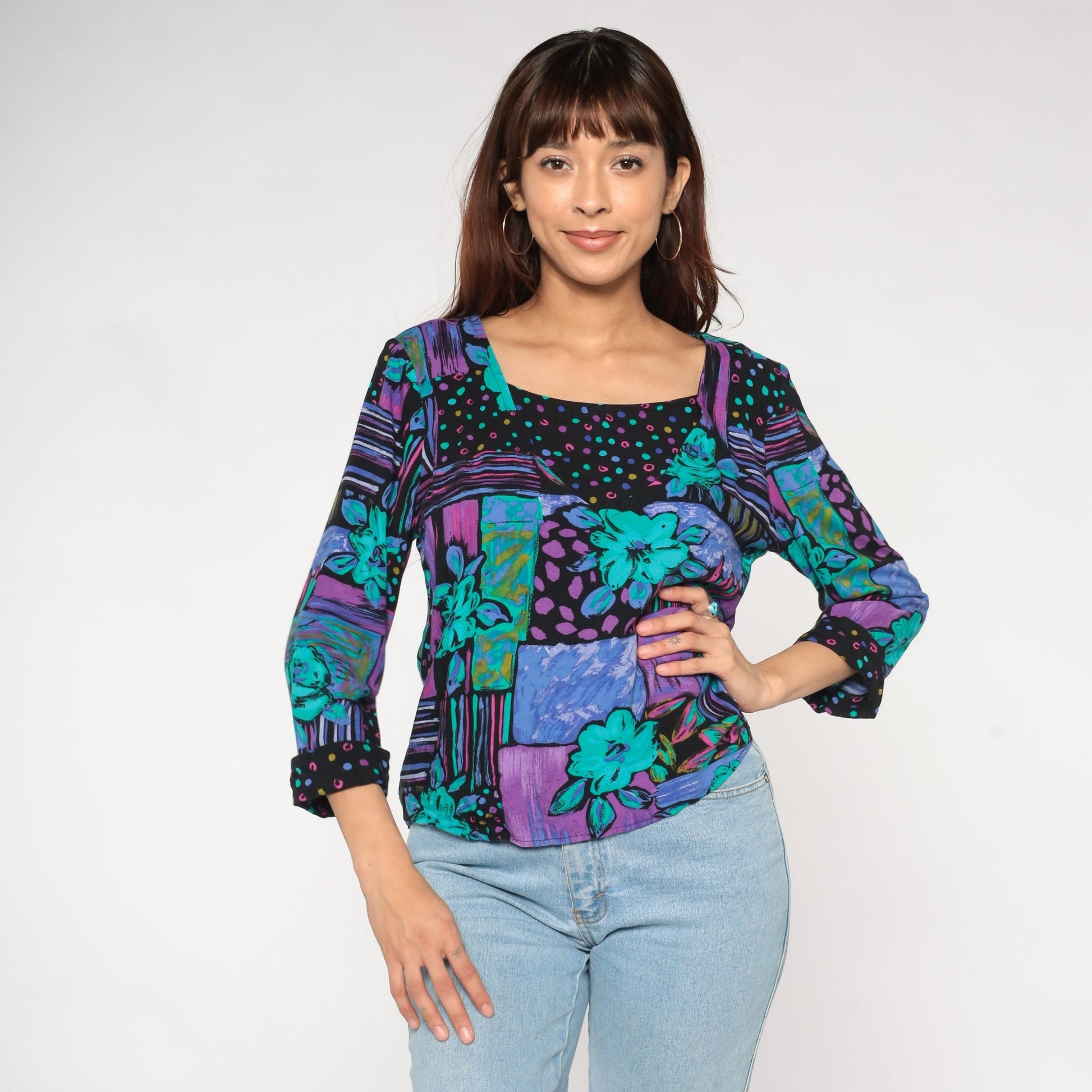 90s Patchwork Floral Polka Dot Blouse Cuffed Sleeve Black Purple Turquoise Medium