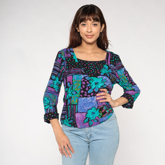 90s Patchwork Floral Polka Dot Blouse Cuffed Sleeve Black Purple Turquoise Medium