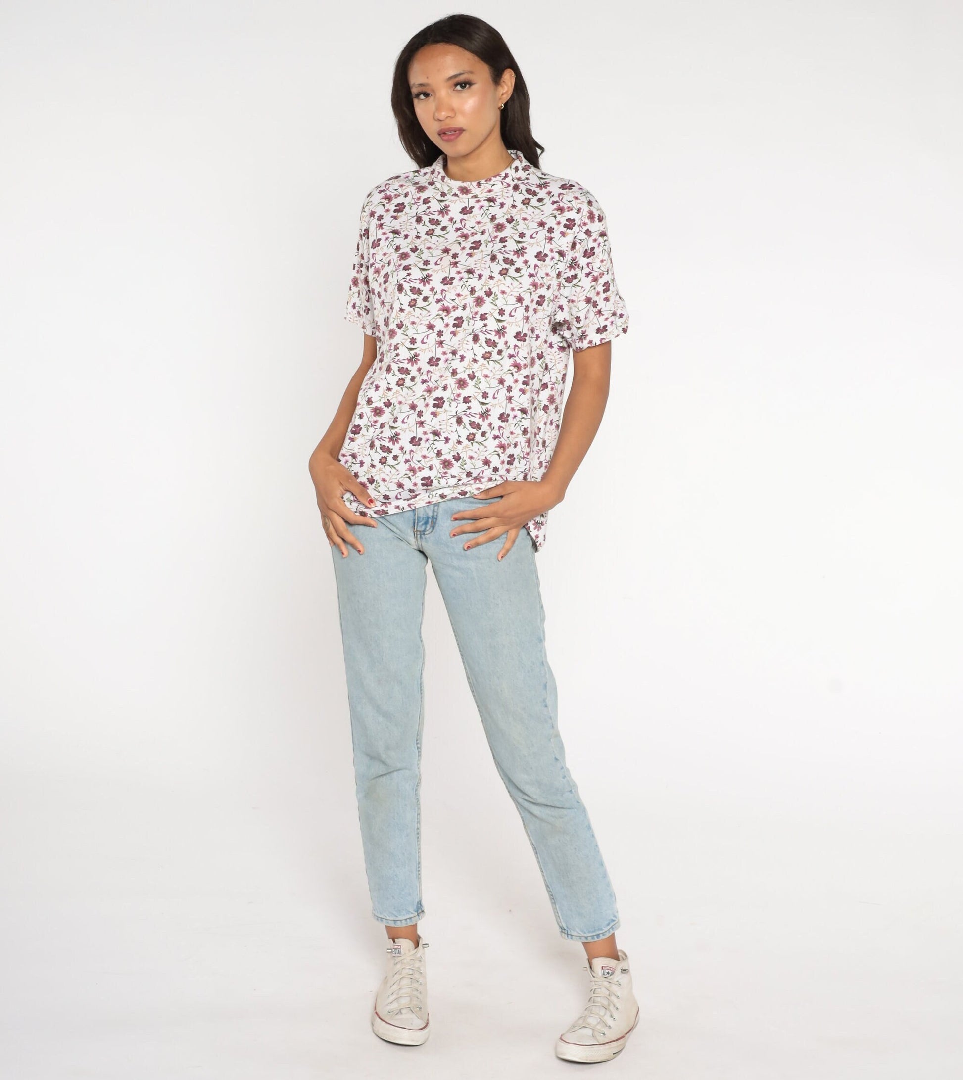 90s Floral T-Shirt White Purple Graphic Ribbed Fold-Over Collar Extra Large XXL
