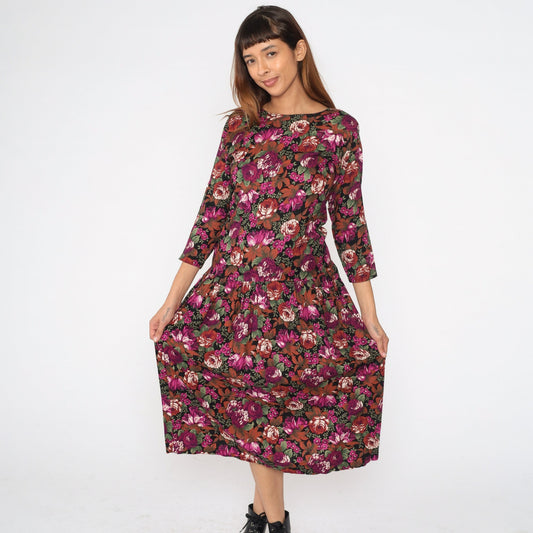 90s Floral Midi Dress Drop Waist Long Sleeve Rayon Fuchsia Multicolor Small