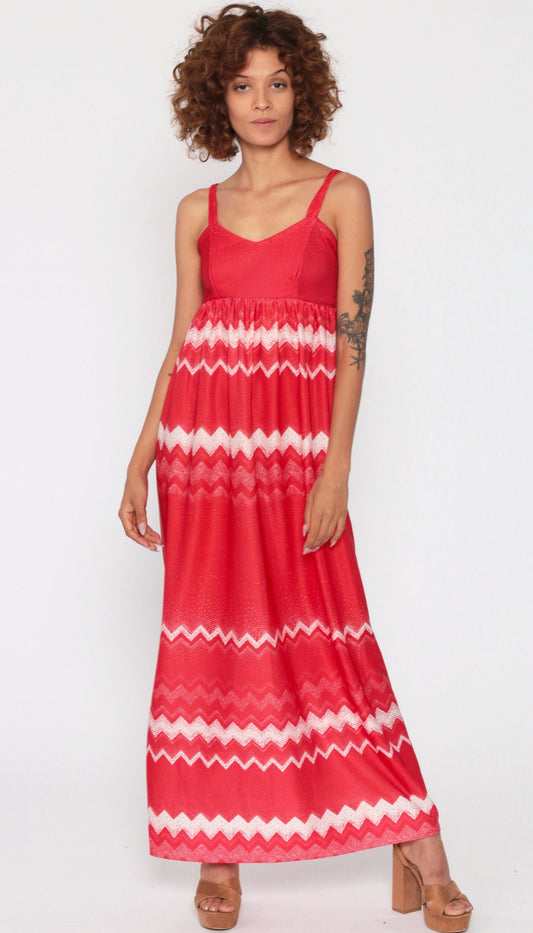 70s Red Zig Zag Striped Maxi Dress Empire Waist Spaghetti Strap Extra Small