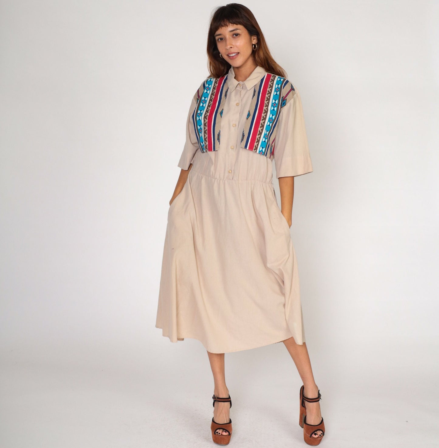 90s Southwestern Tan Midi Dress Button-Up High Waisted Pockets Large L