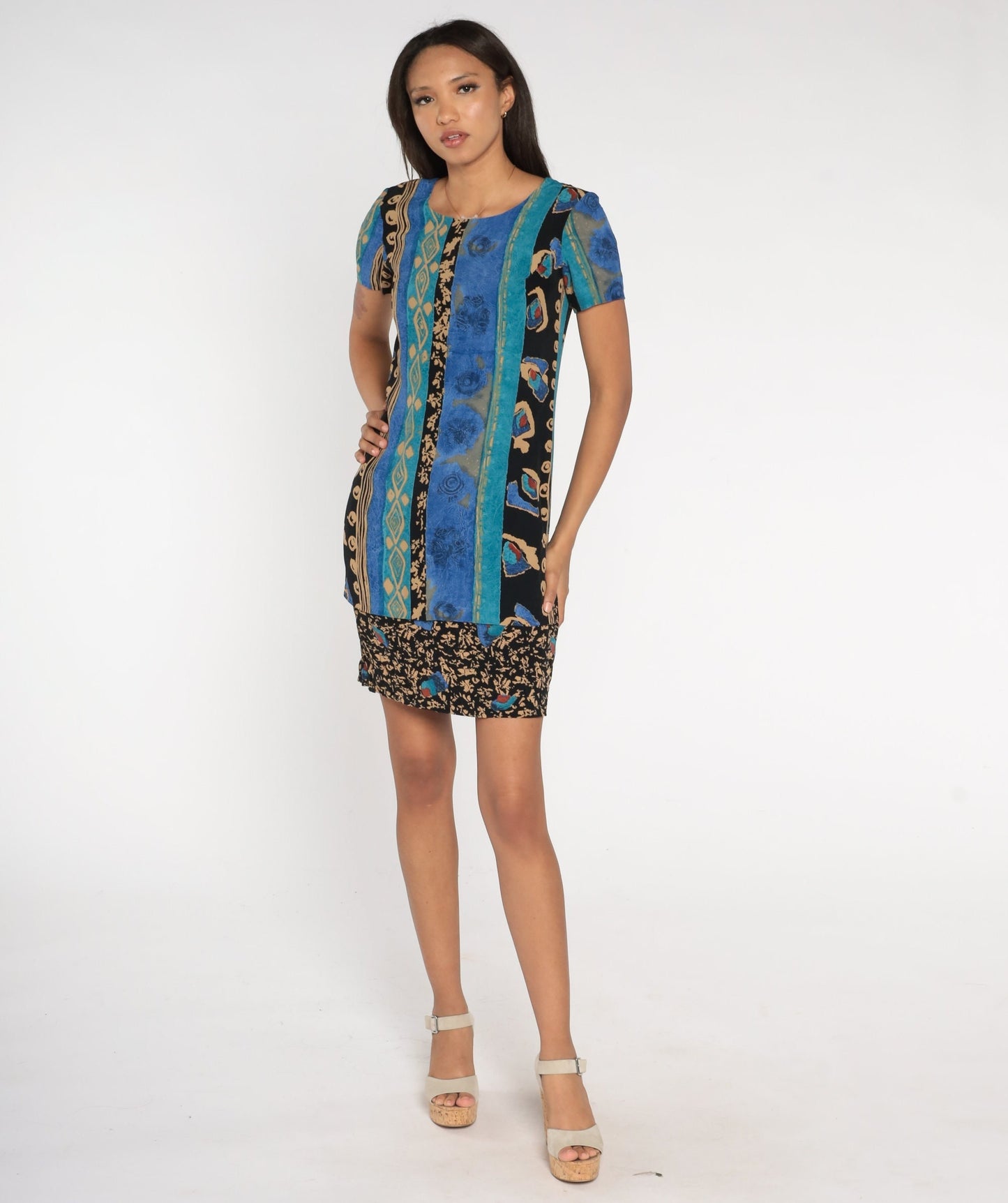90s Geometric Striped Mini Dress Blue Black Shift Short Sleeve Extra Small