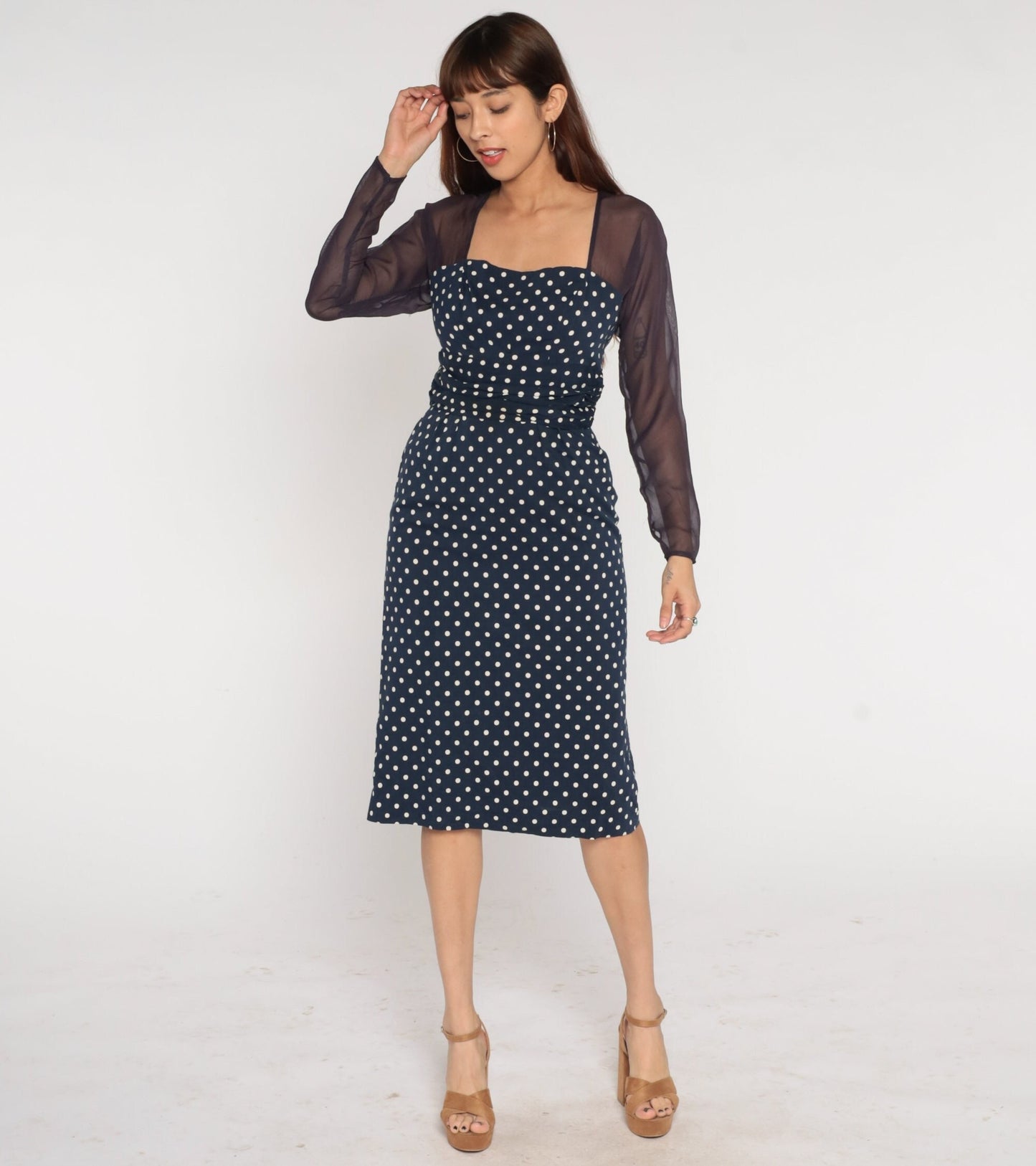 1960s Navy Polka Dot Midi Pencil Dress Sheer Sleeve Keyhole Small