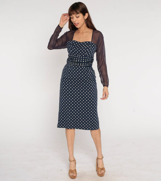 1960s Navy Polka Dot Midi Pencil Dress Sheer Sleeve Keyhole Small
