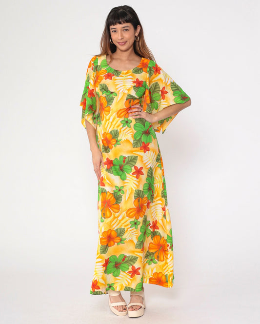 70s Pomare Hawaiian Floral Maxi Dress Angel Sleeve Empire Waist Small