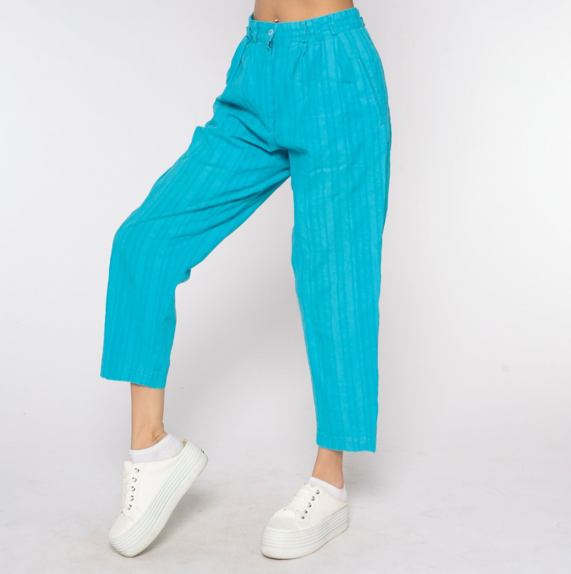 90s Turquoise High-Waisted Pleated Tapered Trousers Medium 29