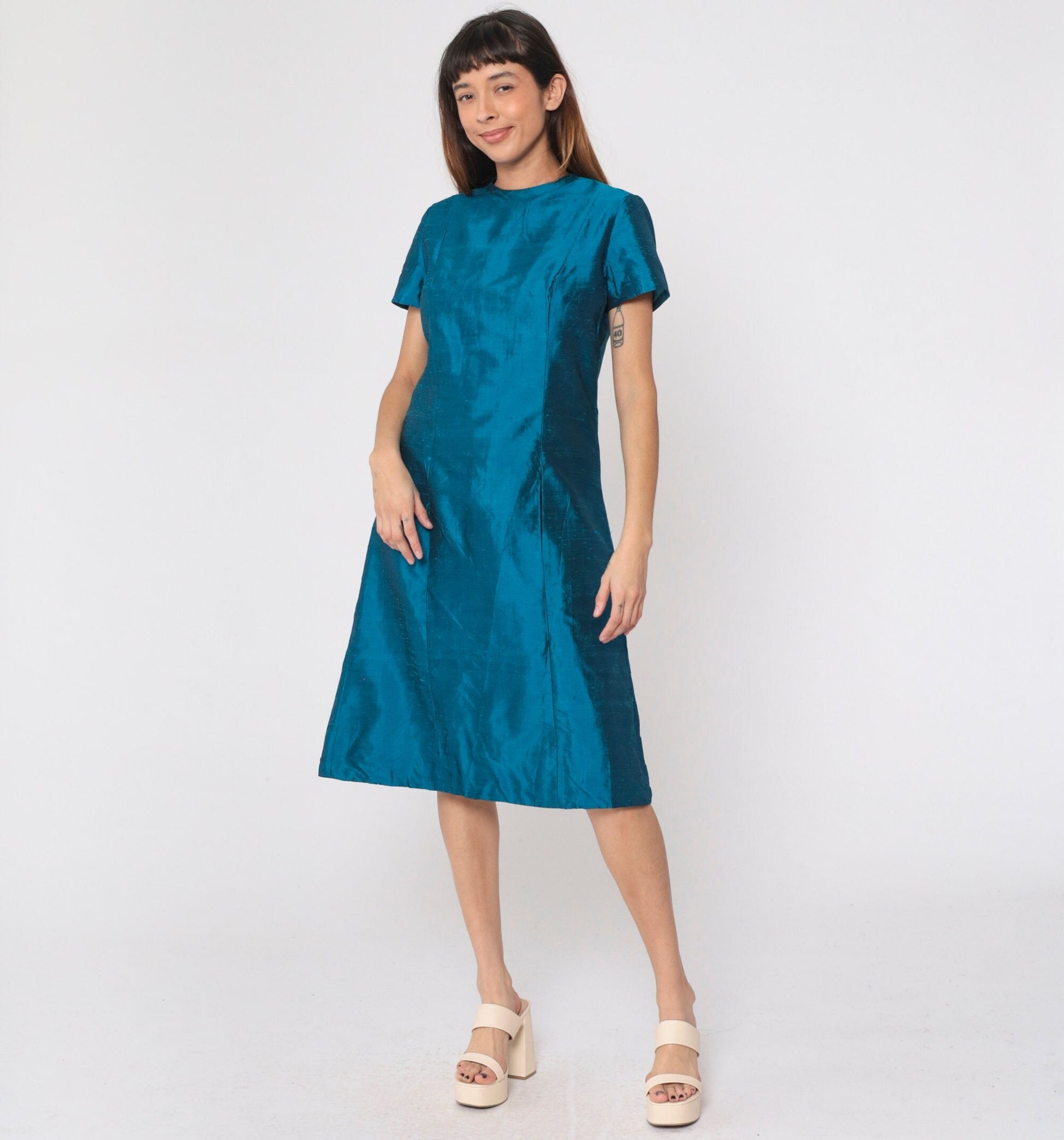 60s Iridescent Blue Silk Midi Dress A-Line Short Sleeve Medium