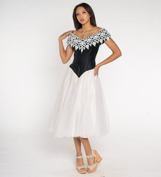 80s Black White Lace Off-Shoulder Tulle Midi Dress Basque Waist Extra Small