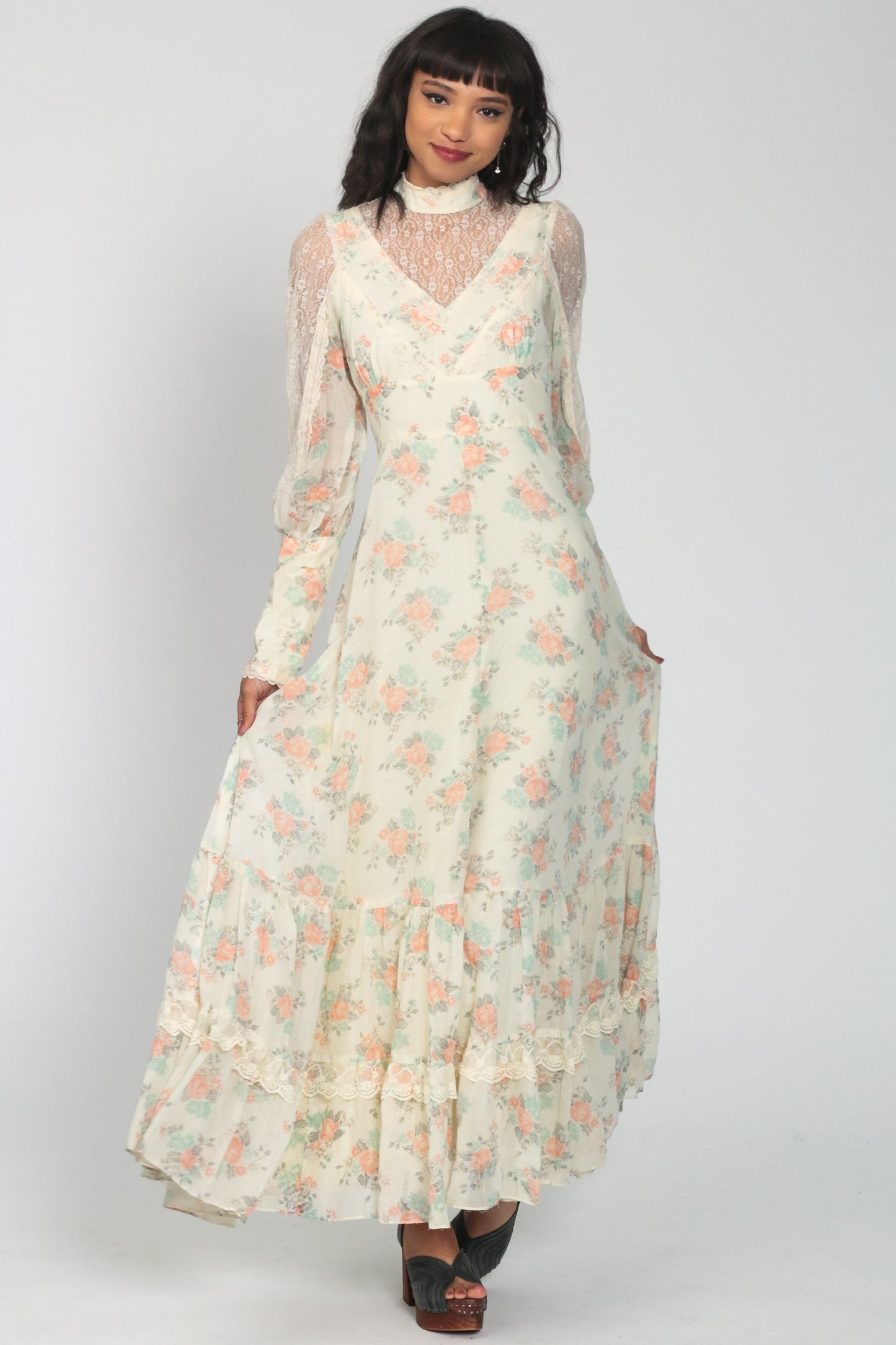 70s Gunne Sax Floral Maxi Dress Lace Sleeves Empire Waist Cream Small