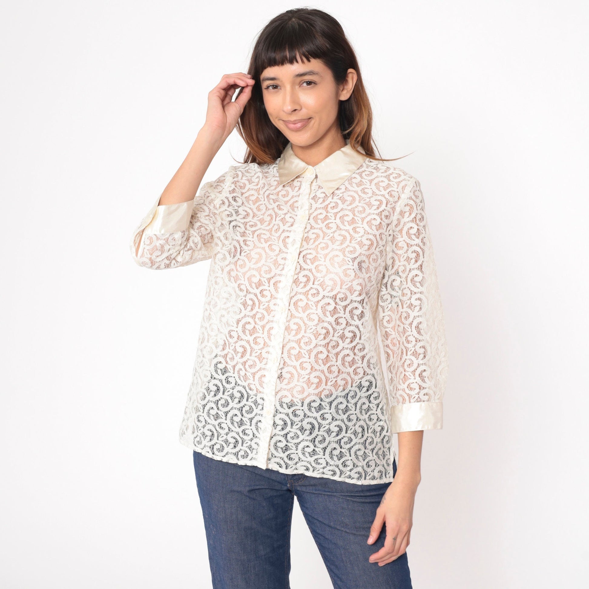 90s Alfred Dunner White Lace Blouse 3/4 Sleeve Button Up Medium Petite