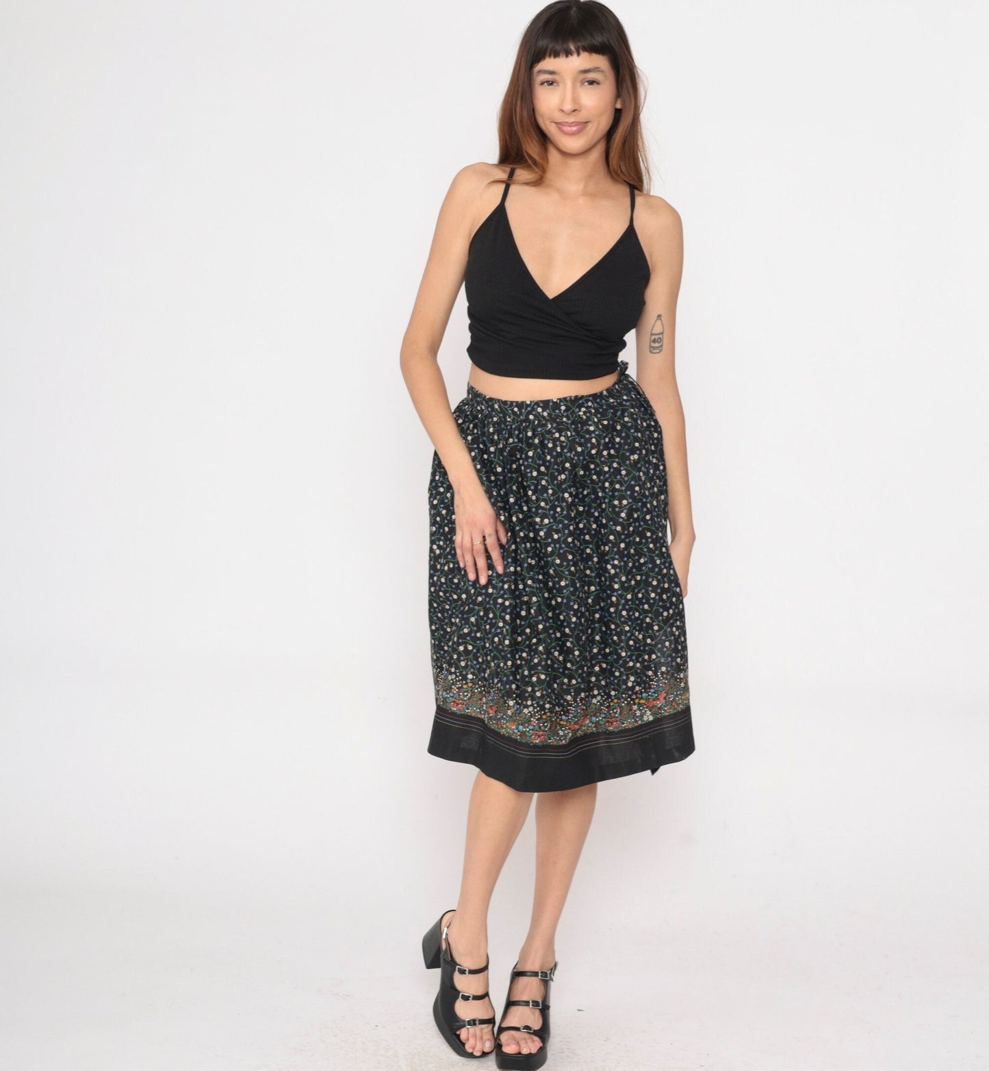 80s Black Floral Animal Print Wrap Skirt Ditsy Bunny Squirrel Raccoon Extra Small