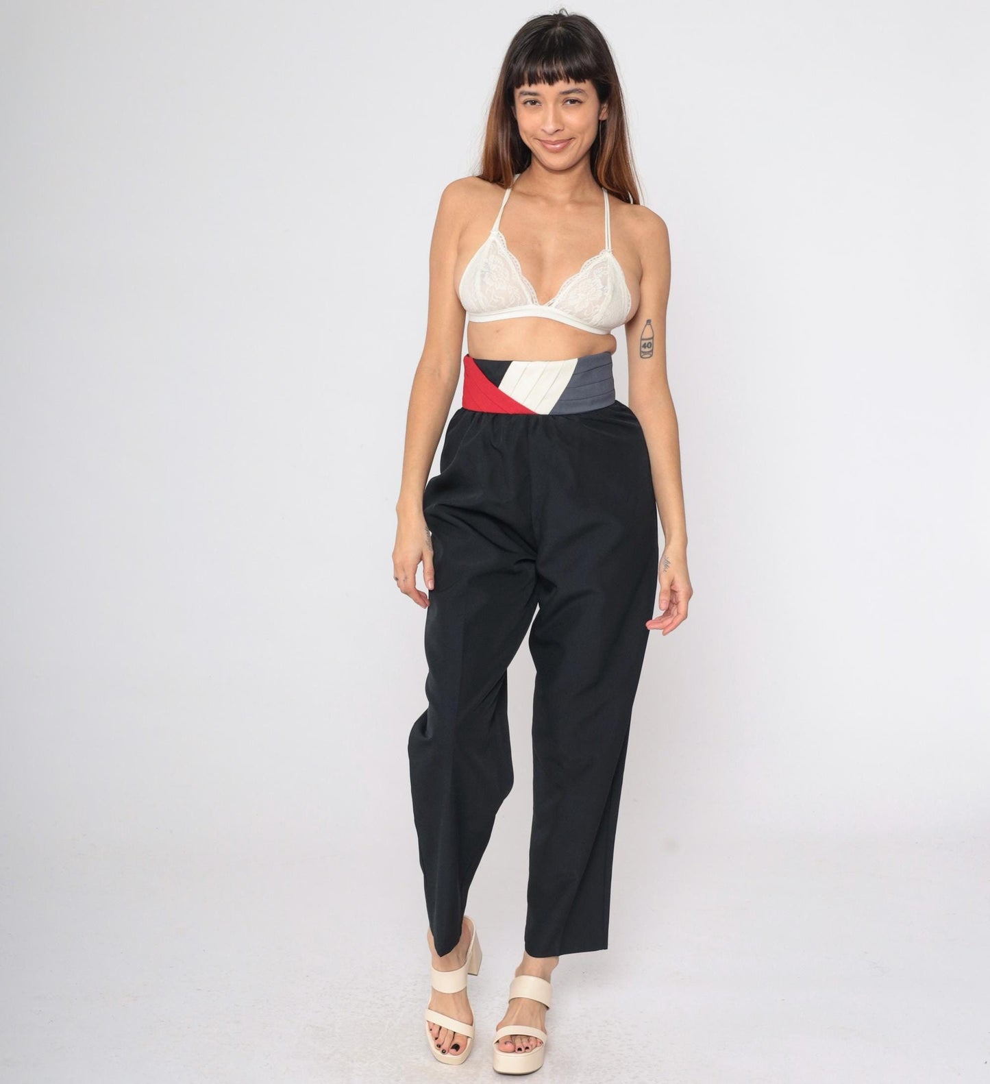 80s Black Tapered Trousers High Waist Colour Block Waistband Size 9