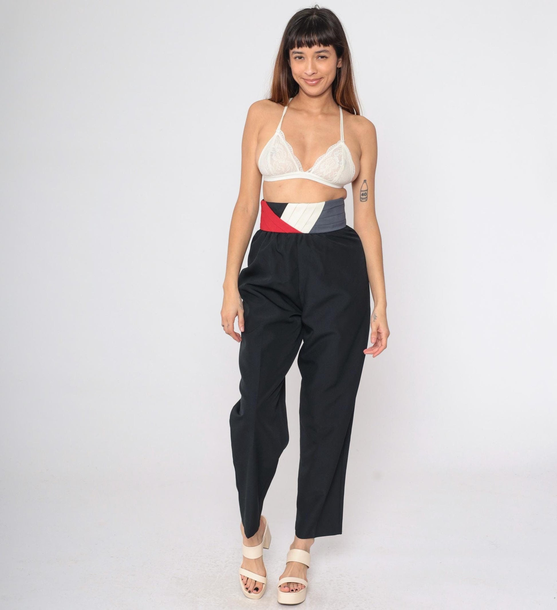 80s Black Tapered Trousers High Waist Colour Block Waistband Size 9