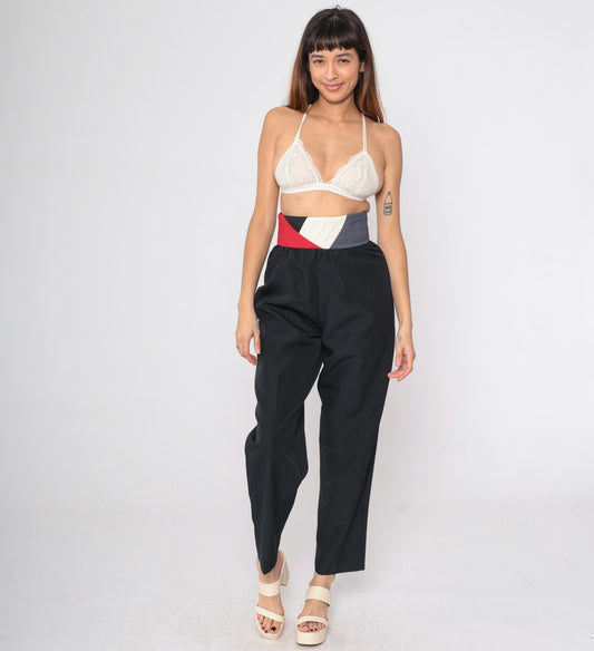 80s Black Tapered Trousers High Waist Colour Block Waistband Size 9