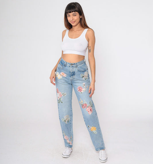 90s Floral Appliqué Light Wash Jeans High Waist Tapered Denim Small Long