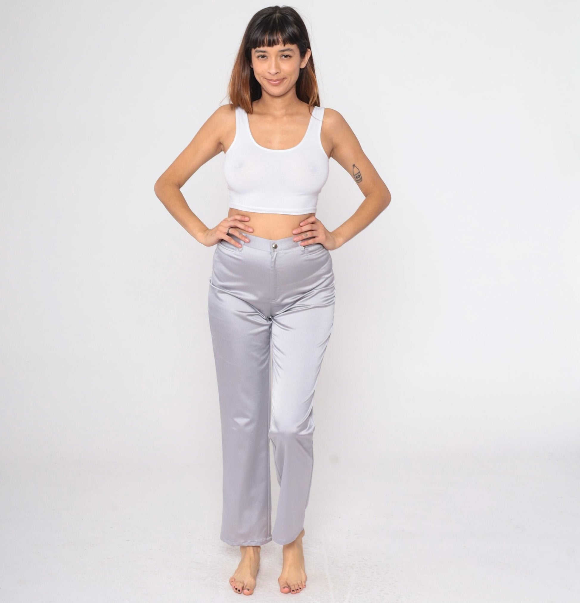 90s Forenza Silver Satin High-Waist Straight-Leg Trousers Small