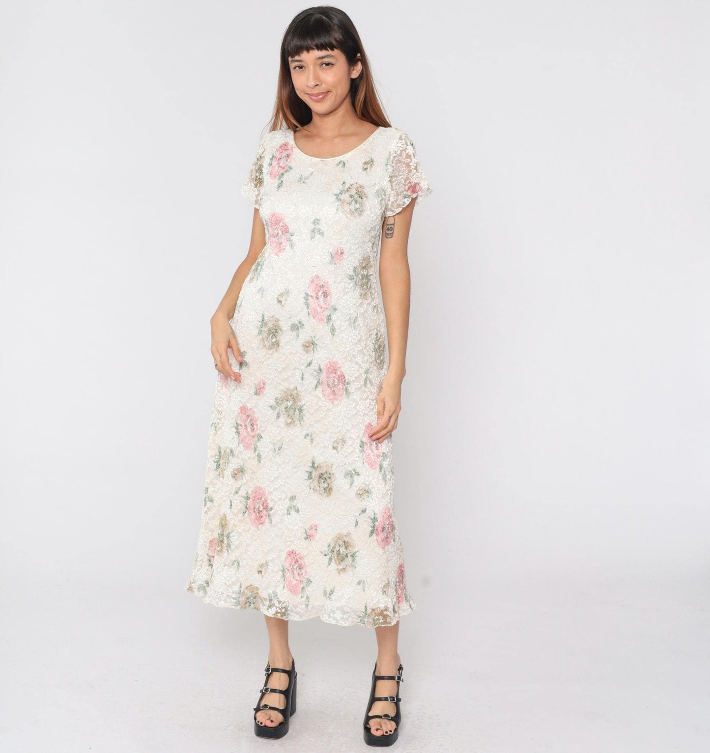 90s Ronni Nicole Petite Floral Lace Midi Dress Off-White Scoop Neck Medium
