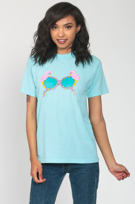 80s Flamingo Sunglasses Graphic T-Shirt Neon Aqua Single Stitch Extra Small