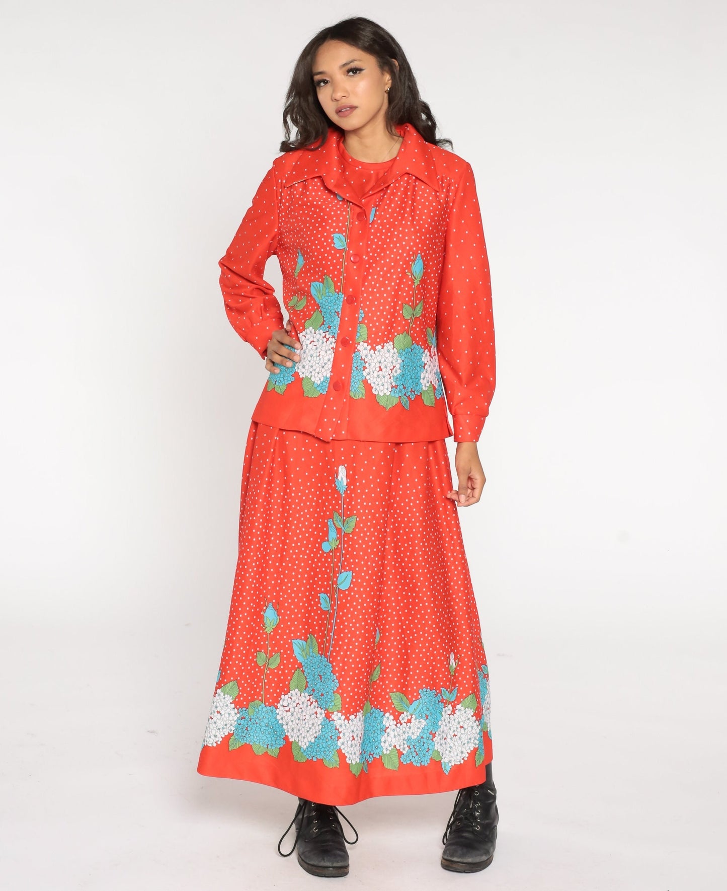 70s Red Floral Hydrangea Dot Print Maxi Dress Jacket Two Piece Set Large L