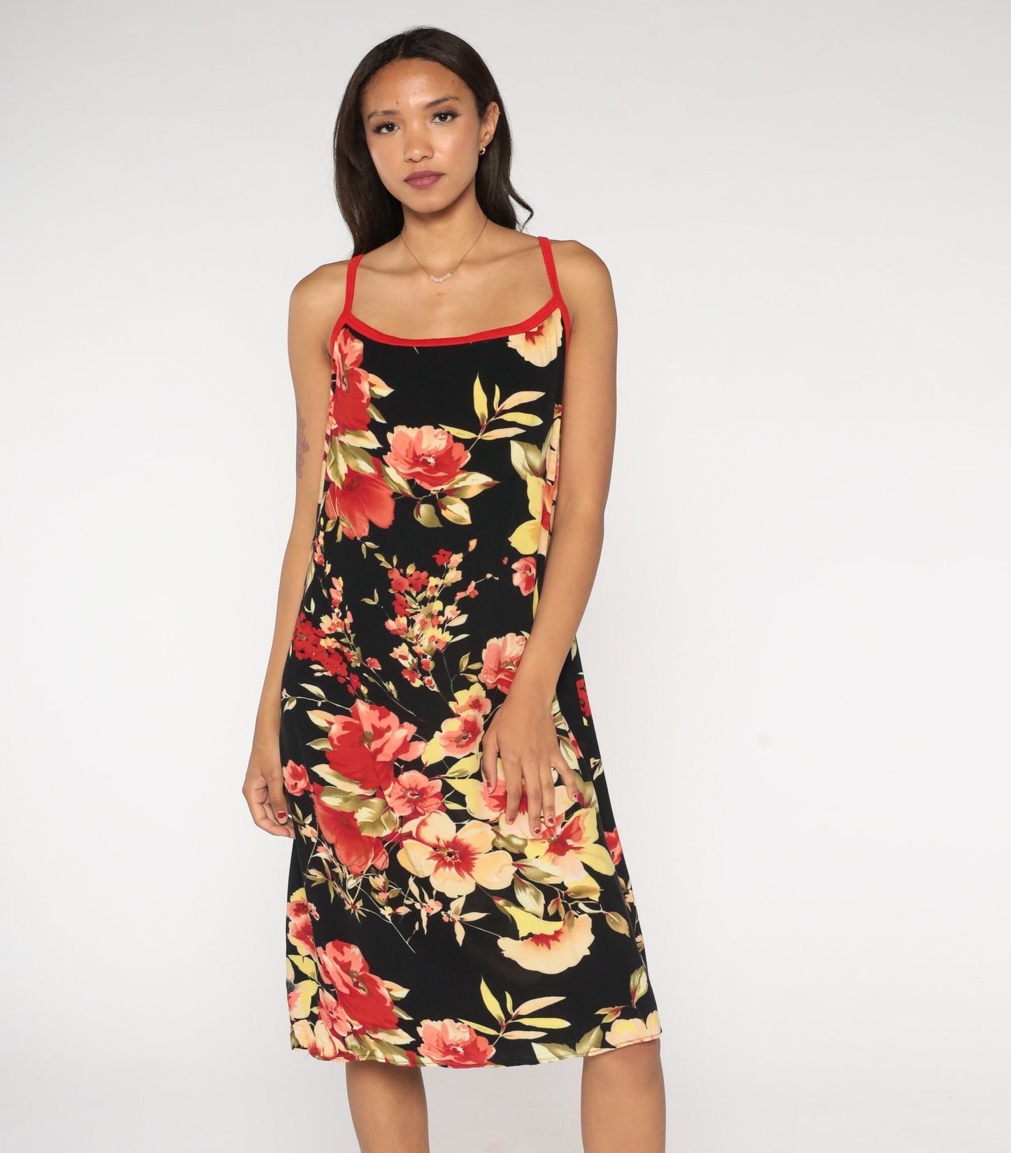 Y2K Hawaiian Floral Midi Dress Black Spaghetti Strap Tropical Print Large L
