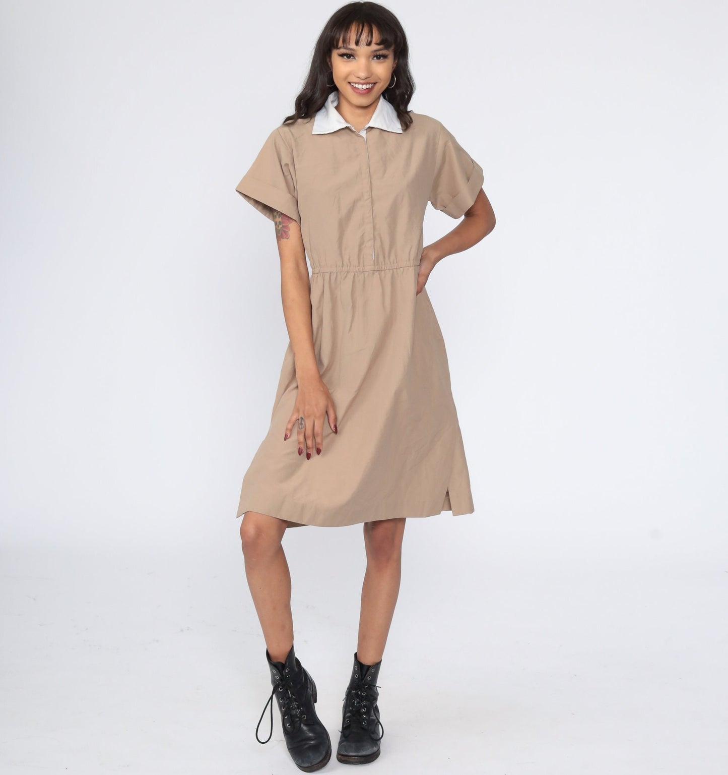 80s Khaki Shirtwaist Midi Dress High Waisted Button Up Short Sleeve Small