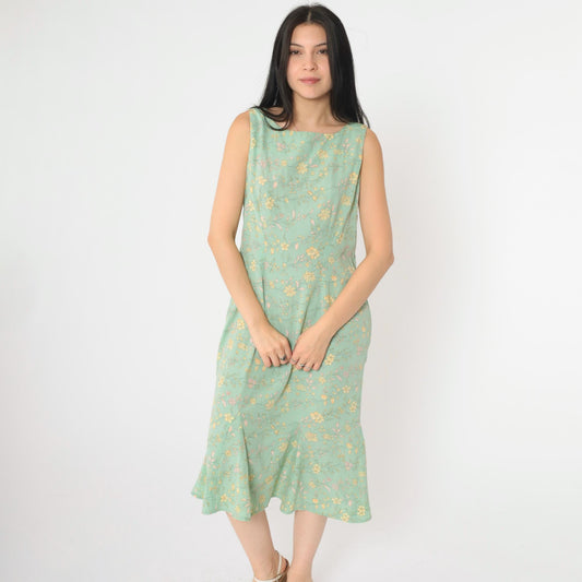 90s R&K Originals Floral Midi Dress Green Yellow Pink Sleeveless Medium