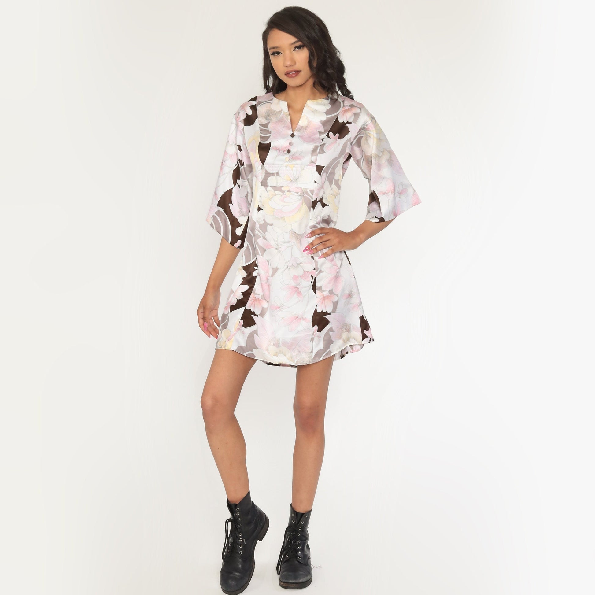 70s Tori Richard Floral Babydoll Dress Bell Sleeve Empire Waist Mini White Brown Small