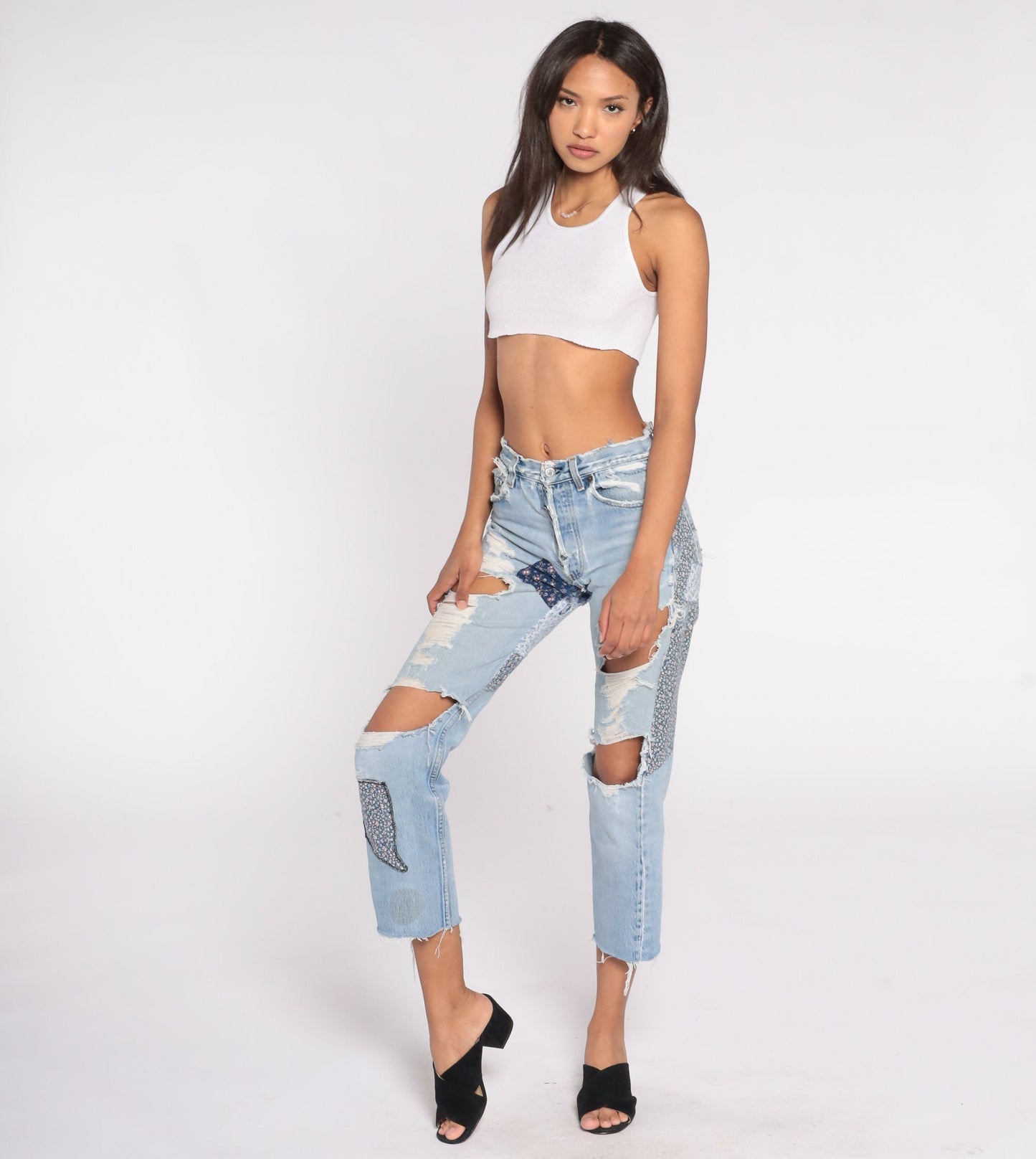 00s Levi's Floral Patchwork Ripped Jeans Cropped Straight Leg Small