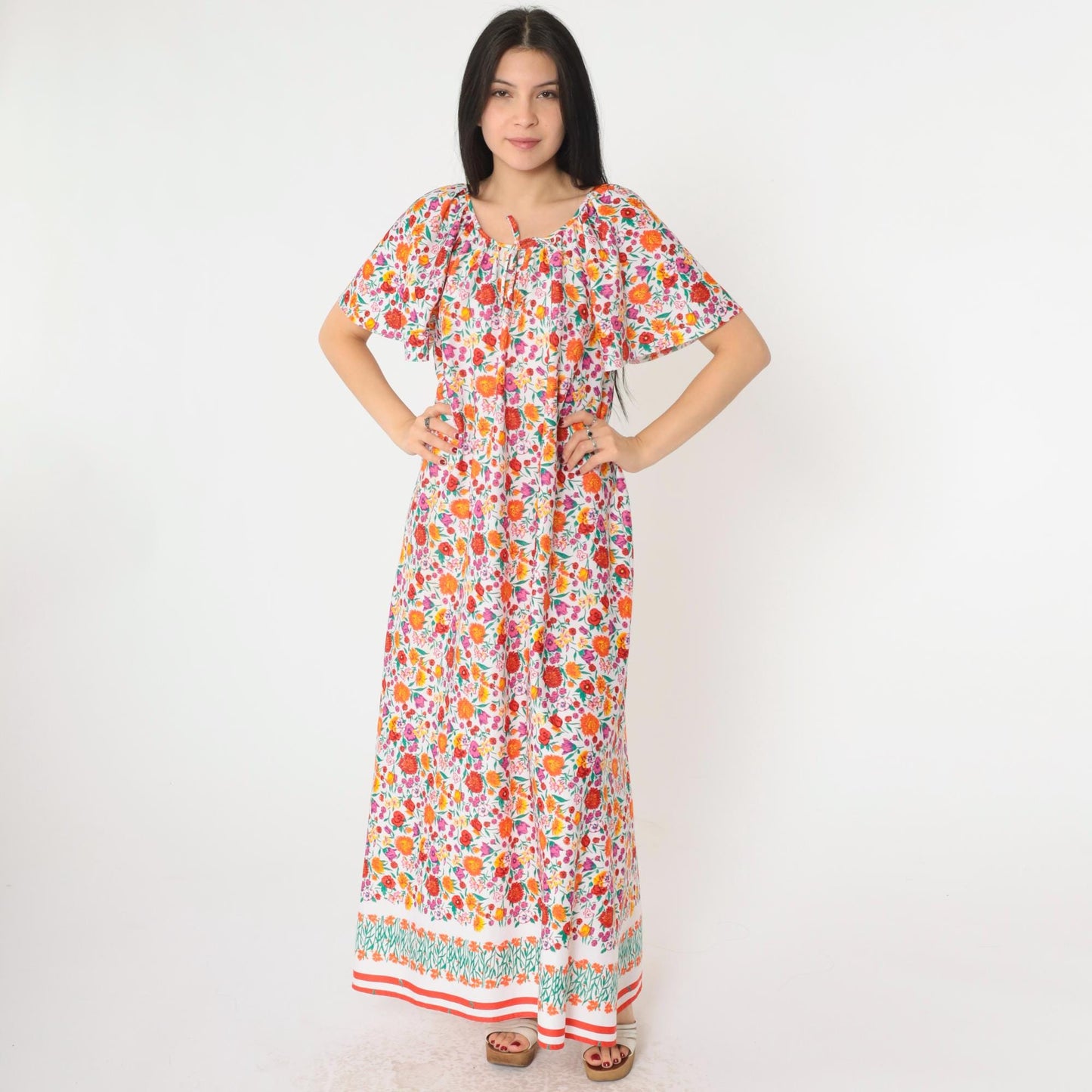 70s Floral Maxi Tent Dress Flutter Sleeve Pullover Large