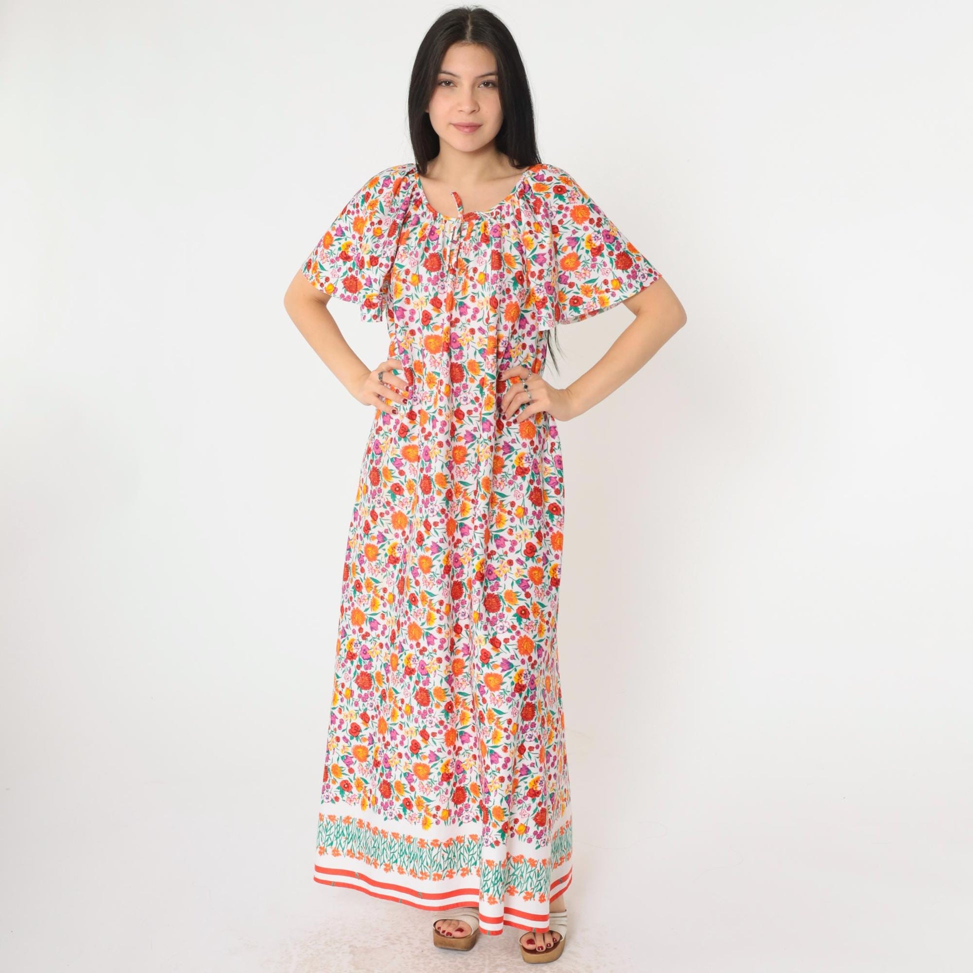 70s Floral Maxi Tent Dress Flutter Sleeve Pullover Large