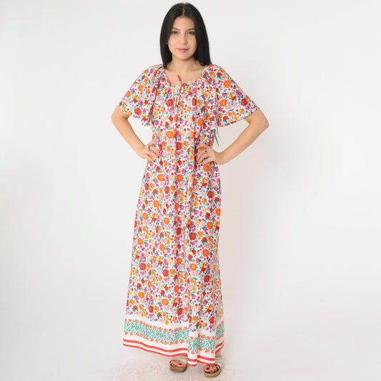 70s Floral Maxi Tent Dress Flutter Sleeve Pullover Large