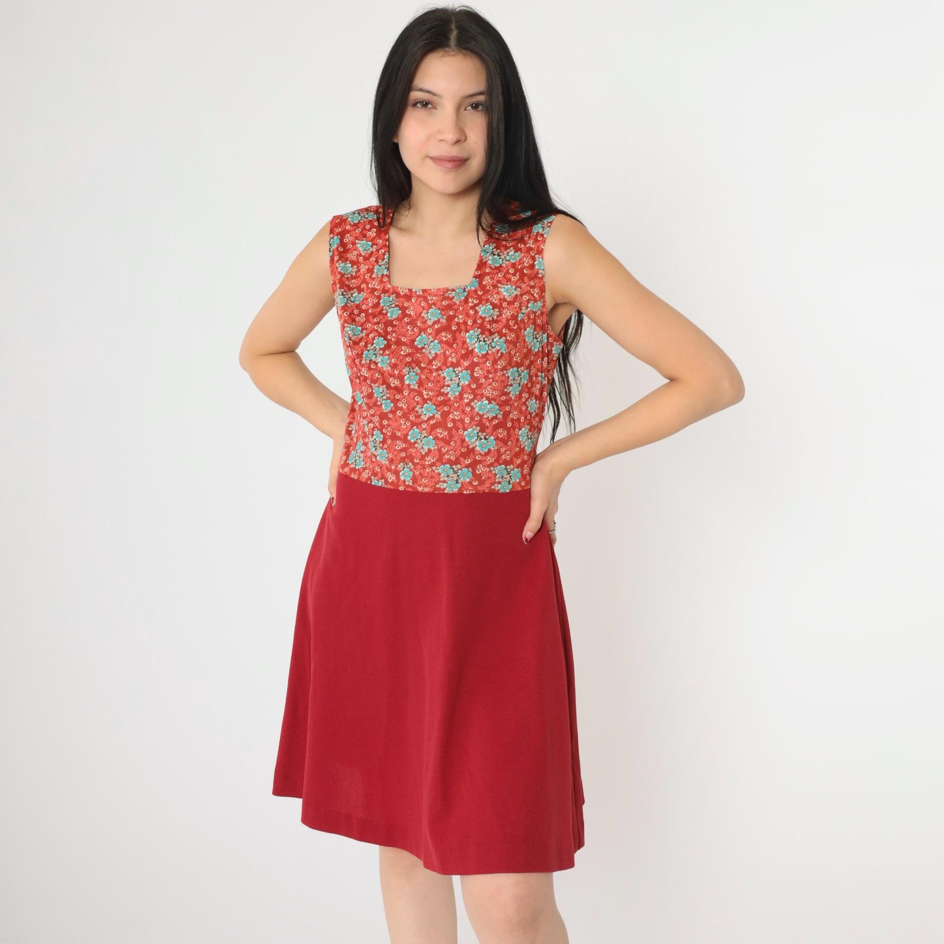 1960s Red Floral Mini Dress Sleeveless High Waist Fit Flare Small