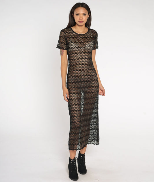 90s Black Metallic Lace Maxi Dress Short Sleeve Sheer Ankle Length Small