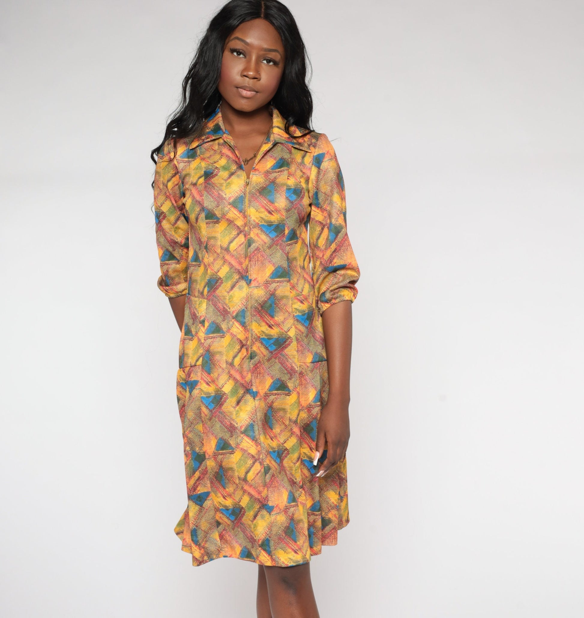 70s Geometric Abstract Print Shift Dress Collared Zip Front Knee Length Yellow Small