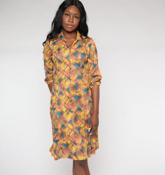70s Geometric Abstract Print Shift Dress Collared Zip Front Knee Length Yellow Small