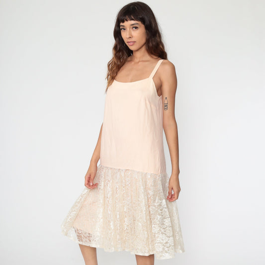 80s Peach Lace Drop Waist Midi Slip Dress Sleeveless Party Medium 8