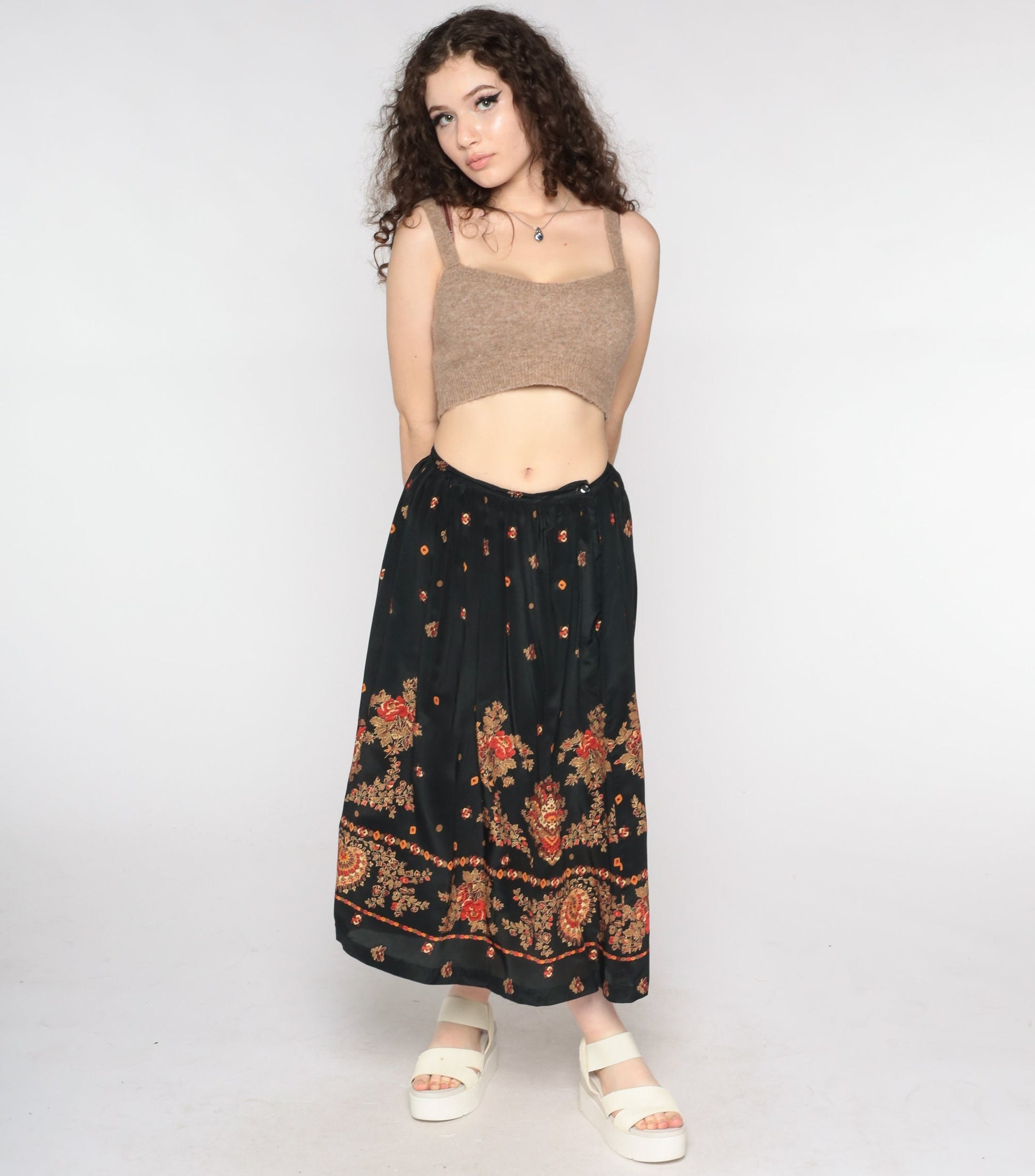 90s Black Silk Floral Midi Skirt High Waist Small 6