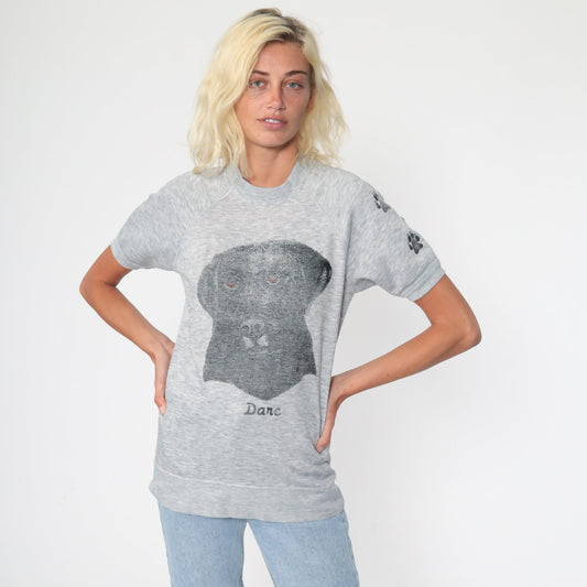 80s Dog Graphic Short Sleeve Sweatshirt Raglan Grey Small