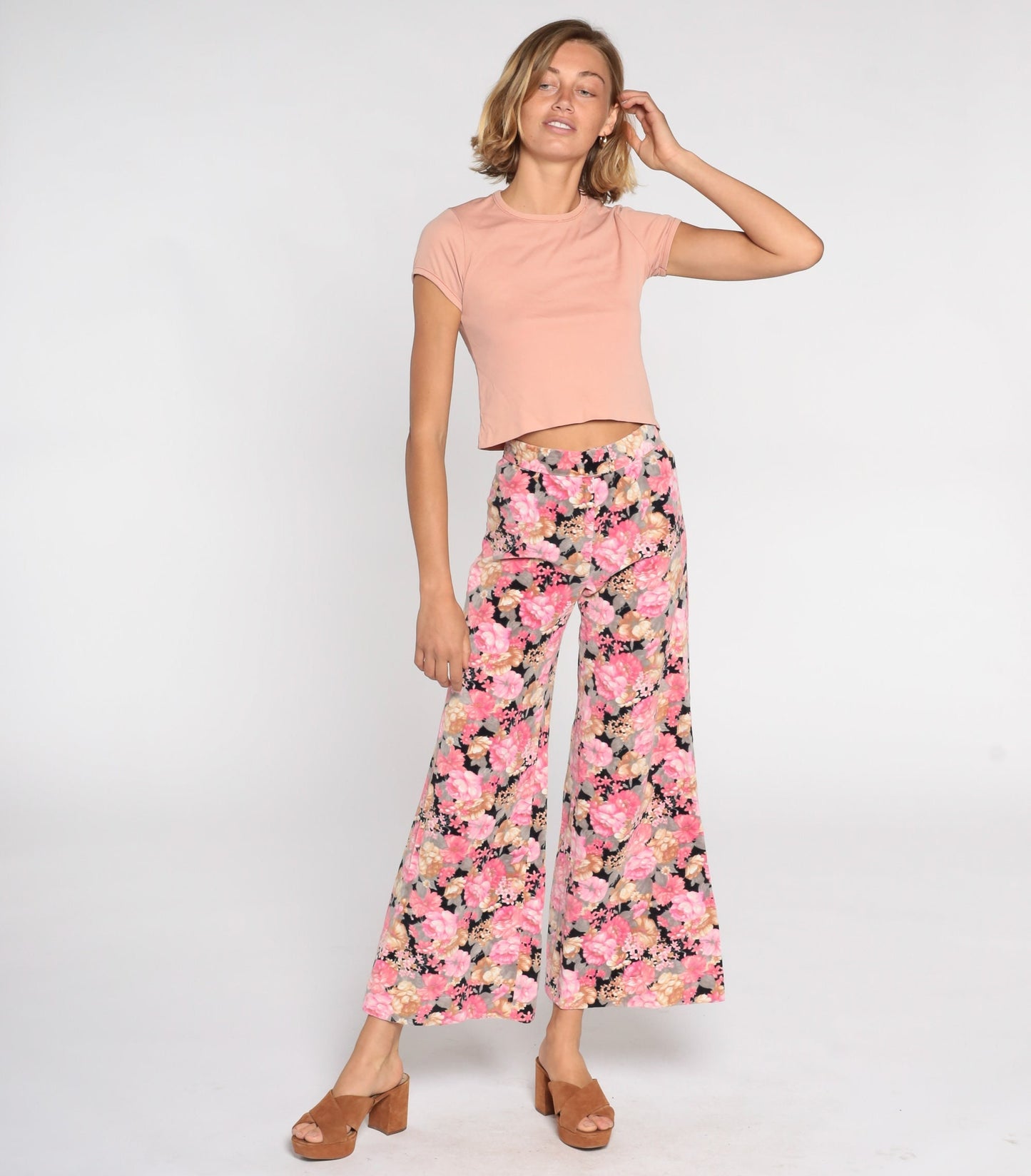70s Floral Velvet Bell Bottom Pants Black Pink High Waisted Extra Small